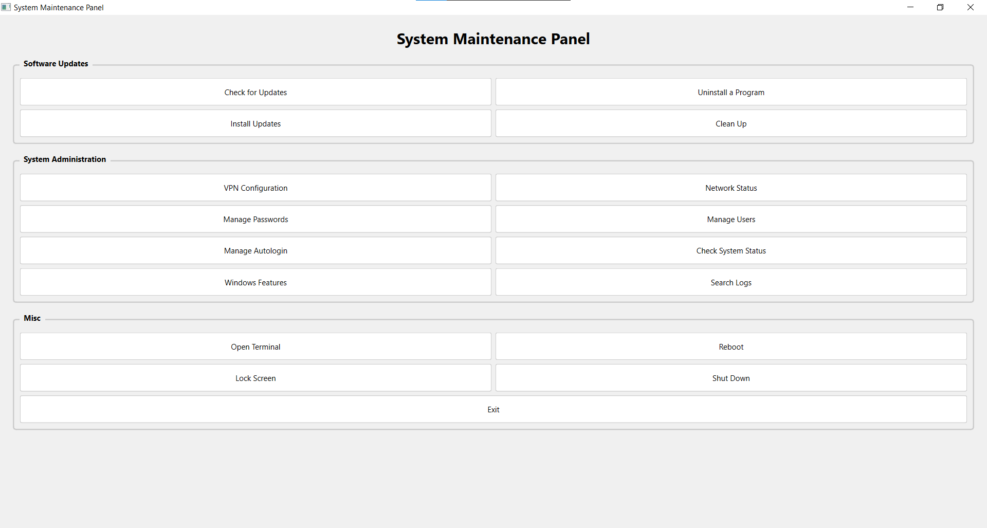 System Maintenance Panel